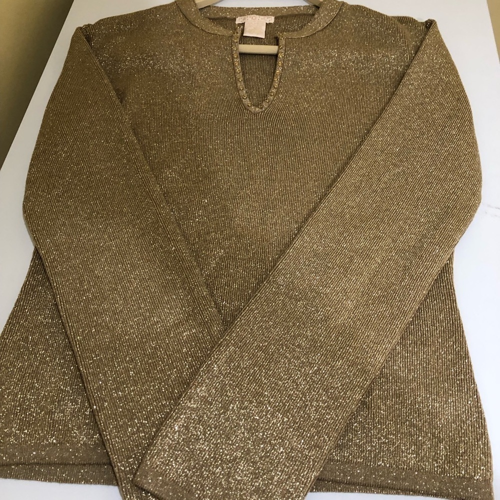 Metallic Gold Knit Women's Sweater - Long Sleeve